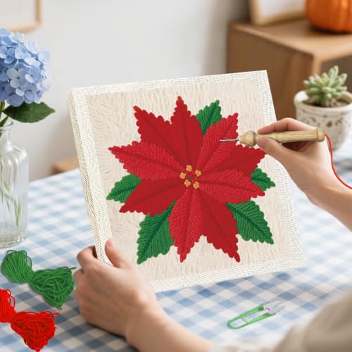 BEUNITONE Poinsettia Pre-Print Punch Needle Kit for Beginners Adults Gifts - color: 08-Crimson