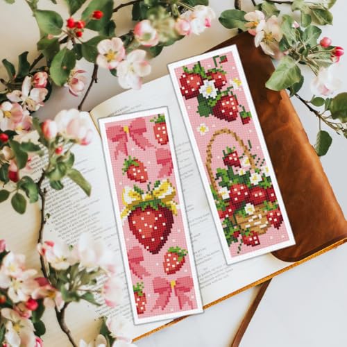 BEUNITONE 6PCS Cross Stitch Bookmarks Kit for Adults Beginners,Strawberry Book Mark DIY Stamped Embroidery Bookmark Kits with Backing Felt Floss,8.5''x3'' Page Markers for Students Teachers Reading - style: Strawberry