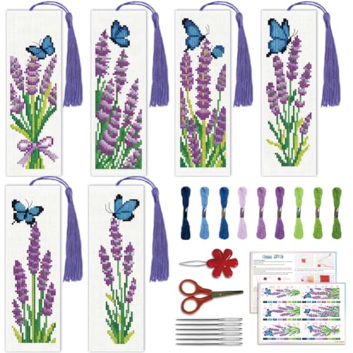 ACRNIGHEET 6PCS Cross Stitch Bookmark Kit for Beginner Stamped Cross Stitch Kits for Adults Lavender DIY Tassel Embroidery Bookmark Kits Needlepoint Kit with Instructions Craft Gift 8.5''x3'' 11CT - style: Lavender Butterfly with Tassel