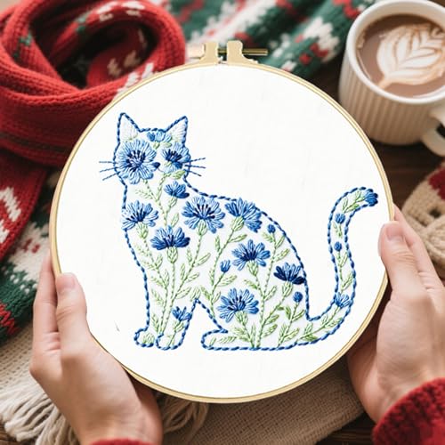 FREEBLOSS 5 Sets Embroidery Kit for Beginners Needlepoint Flower Cat Stamped Embroidery Starter Kit with Instructions, Needles, Threads, 2 Hoops 11.6"/29.5CM