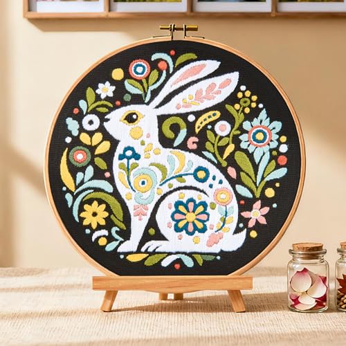 Crafmanoe Embroidery Kits for Beginners Adults, Flowers Rabbit Embroidery Starter Kits, Counted Cross Stitch Kits for Beginners Adults Hobbies Set for Women, Embroidery Hoops, Thread & Video Tutorial - color: H2043, size: 8Inch