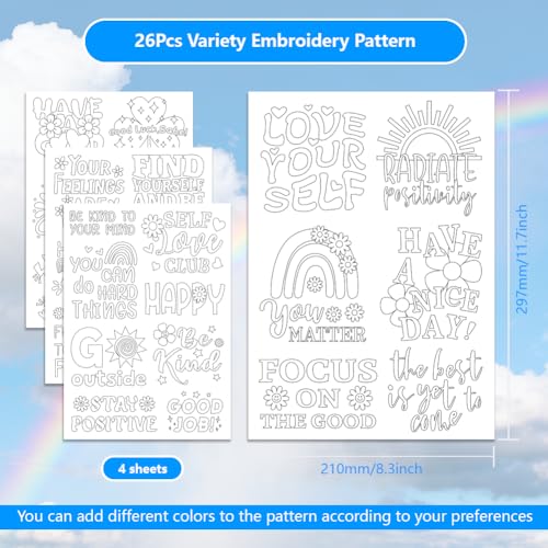 ORIGACH 4 Sheets 26 Pcs Water Soluble Embroidery Patterns Stabilizers - Pre-Printed Inspirational Quotes & Floral Designs - Stick & Stitch Embroidery Paper for Hand Sewing Lovers - color: Inspirational Quotes & Floral