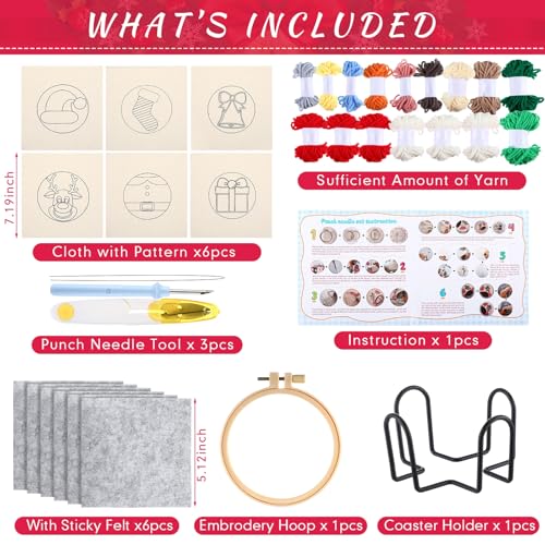 Yaomiao 6 Pcs Christmas Punch Needle Coaster Kit for Beginners, Adults - style: Christmas