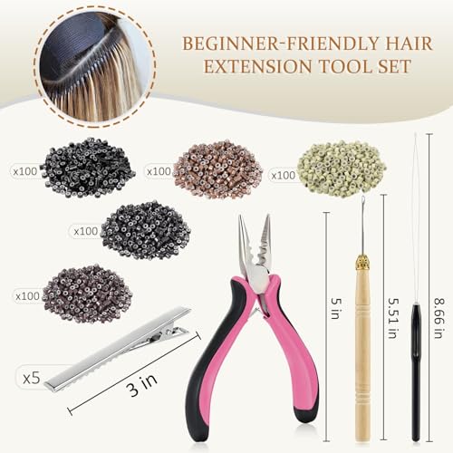 JIAMEISI Hair Extension Tool Kit, 500 Micro Rings 5 Clips - color: 5 Colors