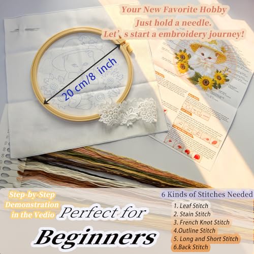 FONNUY White Kitten Embroidery Kit, Sunflowers Cat Lace Hat Cross Stitch Kits for Beginners, Handmade Crafts with Printed Patterns for Adults, Color Thread Needlework, 8'' Hoop (Cat 04) - color: Cat 04