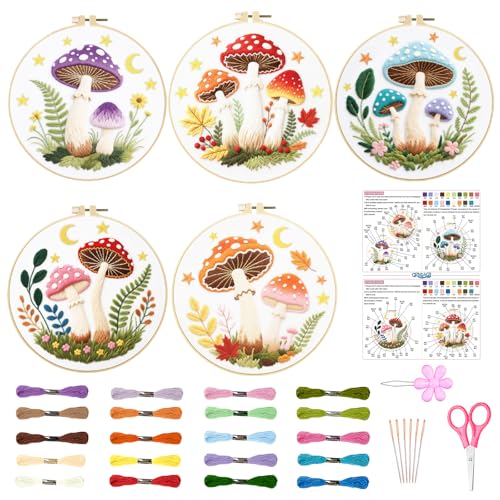 ORIGACH 5 Pack Mushroom & Plants Embroidery Kit for Beginners - style: Mushroom & Plants