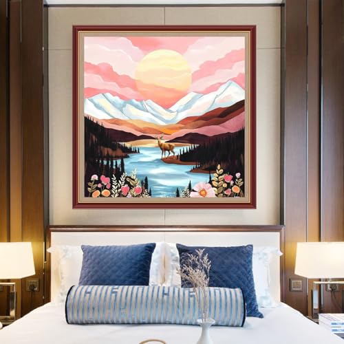 Funchey Counted Cross Stitch Kits for Adults Needlepoint Kits Unprinted Cross Stitching Embroidery Kit 11CT Cross Stitch Supplies&Mountains, Rivers, Sunrise, Elk 18x18 inch - color: DIYCrafts04
