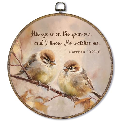 Fewgb Vintage Christian Sparrows Birds Round Wall Art Decor Framed for Bedroom, His Eye Is on the Sparrow Canvas Wall Art Prints Picture, Beige Fall Bible Verse Scripture Matthew Hanging Decor Artwork 10x10 - color: eye