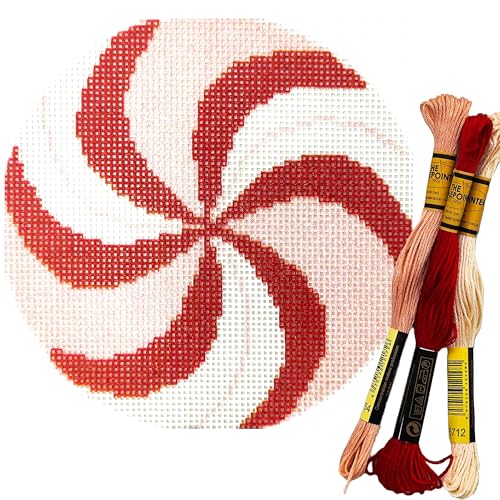 Howie's Needlepoint Needlepoint Kits, 18CT Printed Embroidery Pattern Starter Kits, Stamped Patterns Canvas Kits(Red Peppermint,4x4inch) - color: Red Peppermint