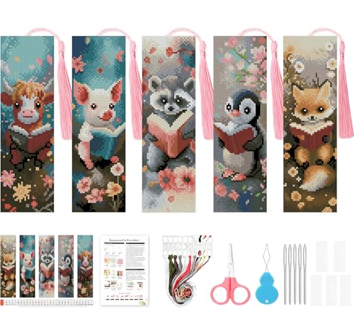VIGEGU 5 Pack Animal Cross Stitch Bookmark Kits for Adult Beginners - color: Animals reading books Cross Stitch Bookmark