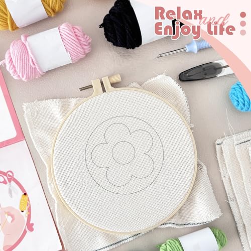 SEREDH Punch Needle Kit for Beginners Adults Easy Needle Punch Embroidery Set Including Threader Instruction Fabric Hoop Yarn Coaster DIY Making Kit Supplies,Set of 8 Flower Art Crafts Gifts - color: Flower