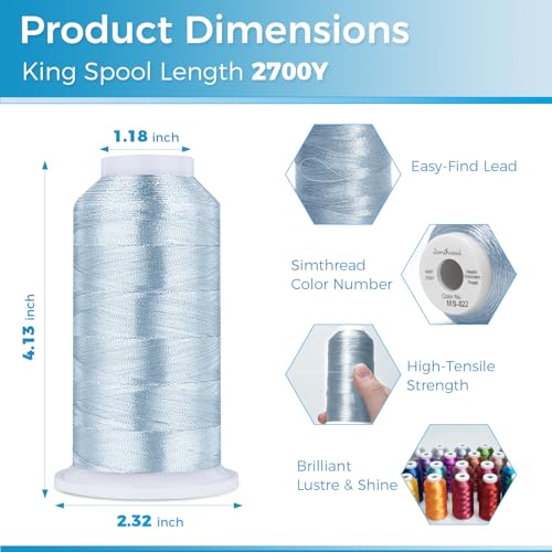 Simthread 2700 Yards Metallic Embroidery Machine Thread - Baby Blue MS-022, 40wt High-Sheen King Spool, Smooth Running & Break Resistant for Commercial & Home Embroidery Machines - color: Baby Blue MS-022