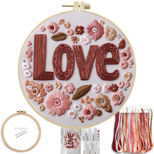 FONNUY I Love You Embroidery Kit for Beginners, Pre-Stamped Pattern Kits, Romantic Anniversary for Women Men, Valentine's Day Gifts Thread Needlework, 8'' Hoop (Love 02) - color: Love 02