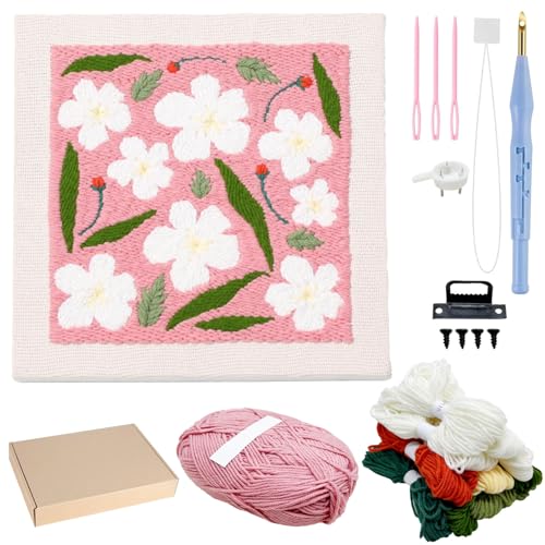 Allazone Punch Needle Embroidery Kit Frame - Square Fabric with Flower Pattern, Hoop, Yarns, Punch Needle (Pink and White) - color: Pink and White