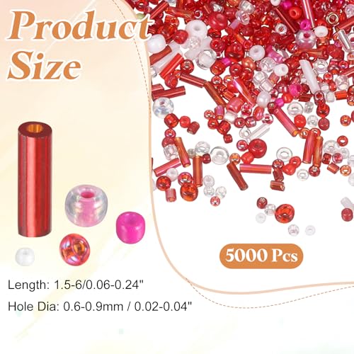 MECCANIXITY 5000 Pcs Mixed Glass Seed Beads, 1.5-6mm Mini Loose Glass Bugle Spacer Bead Embroidery Beads for DIY Craft Projects Earrings Necklaces Bracelets Jewelry Making, Bright Red - color: Bright Red