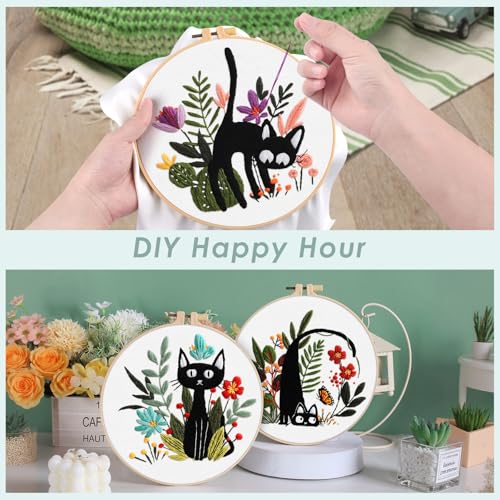 ERKOON 5 Sets Embroidery Kit for Beginners Adult Cat Cross Stitch - color: Black Cat