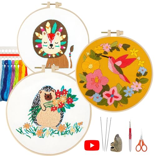 LX LERMX Embroidery Kits for Beginners, Adult Starter Cross Stitch Kit Needlepoint Complete DIY Kit with Unique Patterns, Hoop, Colorful Threads, Tools, Step by Step Instructions & Video Tutorial - color: Pattern 12 - 3PCS