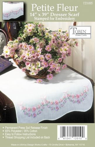 Tobin #231005 Petite Fleur Dresser Scarf 14" x 39" Stamped for Embroidery, White