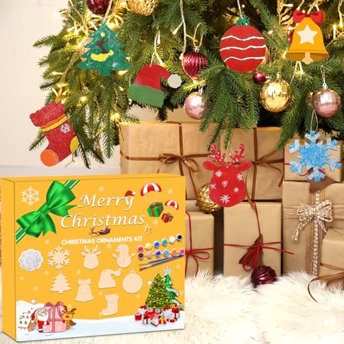 Christmas Craft Painting Kits, 48pcs Wooden Christmas Ornaments, Unfinished Paintable Blank Wood Slice with 8 Styles & Crafts Making Supplies, DIY Xmas Tree Decor Art Activity for Family Fun