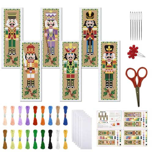 FREEBLOSS 6Pcs Christmas Cross Stitch Bookmark Kit for Adult Beginners Nutcracker Pattern Stamped Embroidery Bookmark Kit with Instructions DIY Bookmarks Kits for Christmas 8"x2.4" - style: Walnut