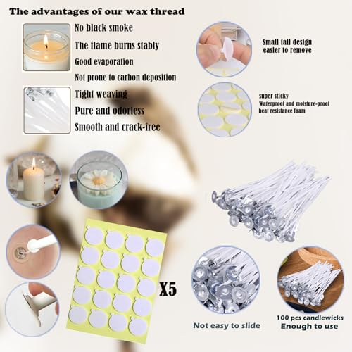 133PCS Candle Making Kits with Candle Wick Trimmer(7IN),Mold Hook Punch Needle Wick for Inserting Wick,Big Hole Long Needle,Cotton Wick with Metal Sustainer Tabs,Wick Stickers with The Little ‘‘Tail’’ - color: 133PCS