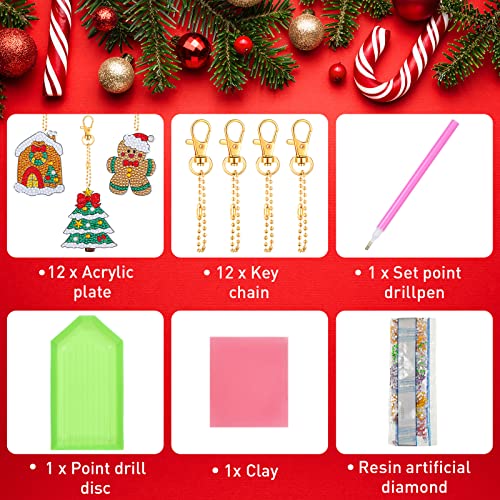 Junkin 12 Pcs Christmas Diamond Art Painting Keychain Ornaments 5d, Cute