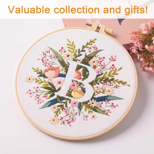 Harimau Letter B Pattern Embroidery Kit for Adult Beginners, Complete Starter Pack with 1 Hoop, Needles, Instruction Guide & Embroidery Stitch Video Tutorials - color: White B