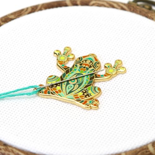 Awesome Pattern Studio Needle Minder Set - Mandala Frog Magnetic Needle Minder + 2 Needle Threaders + Crane Scissors. Enamel Pin for Cross Stitch, Embroidery and Craft - size: Frog Set #2