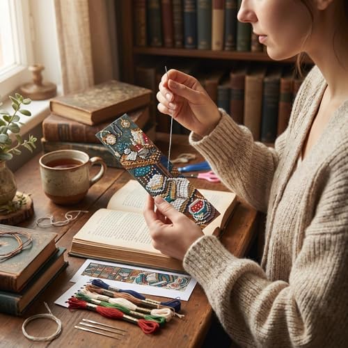 14CT Blue Bookshelf Counted Cross Stitch Bookmark Kit for Adults Beginners - color: SQJ001-01