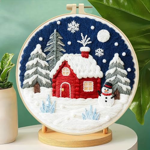 Zhenqing Winter Snow Scene Embroidery Kit for Beginners - Complete Set with 20cm Hoop, Pre-Printed 29x29cm Cotton Fabric, Threads & Tools(C0163) - color: Winter Snow Scene