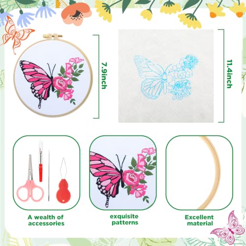 Riceshoot 8 Set Butterfly Floral Embroidery Kit for Beginner Adults Butterfly Embroidery Cross Stitch DIY Craft Needlepoint Pack Kits with Pattern Instruction Cloth Hoops Thread Needle Scissors - style: Butterfly Floral