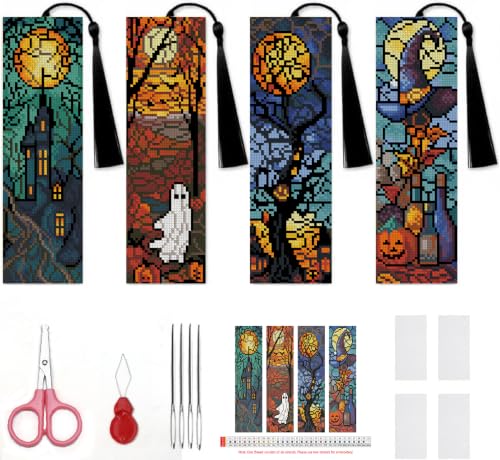 14CT Halloween Counted Cross Stitch Bookmark Kit for Adults Beginners - color: SQJ007-01
