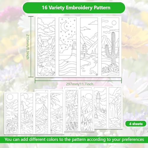 ORIGACH 4 Sheets Water Soluble Embroidery Patterns Stabilizers - 16 Pcs Pre-Printed Landscape Bookmark Designs - Stick & Stitch Embroidery Paper for Hand Sewing Lovers - color: Landscape Bookmark