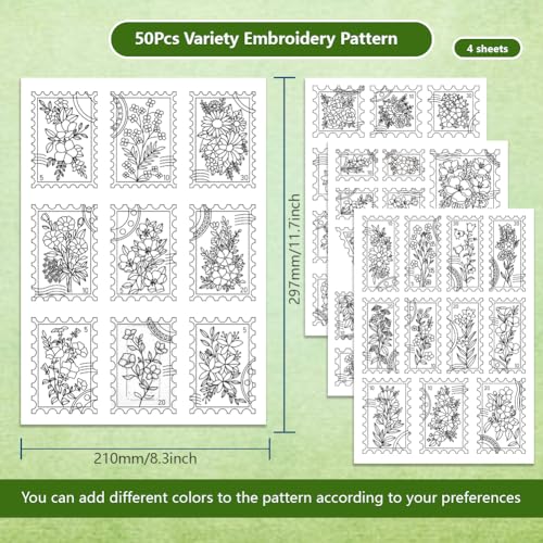 BENECREAT 4Sheets 50Pcs Botanical Stamps Water Soluble Embroidery, 11.7x8.3inch Flowers, Leaves Stick and Stitch Embroidery Paper Stabilizer for Shirts, Coats, Bags - style: Botanical Stamps