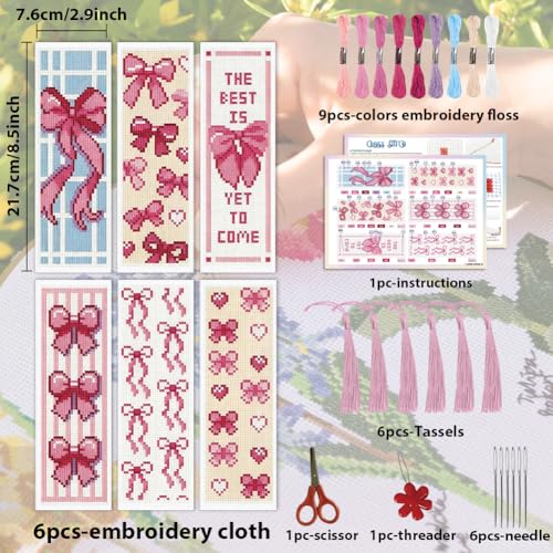 ACRNIGHEET 6PCS Cross Stitch Bookmark Kit for Beginner Cute Pink Bow Stamped Cross Stitch Kits Needlepoint Kit for Adults DIY Tassel Embroidery Bookmark Kits with Instructions Craft Gift 8.5"x3" 11CT - style: Pink Bow Patterns