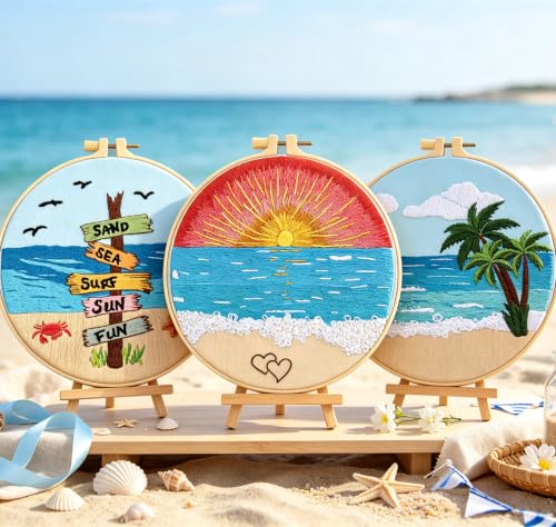 Beach Embroidery Kits for Beginners Adults, Coastal Hand Embroidery Set Needlepoint Kits, Sea Sunrise Stamped Cross Stitch Kits for Beginner Adults, 3 Embroidery Hoop, Fabric (Attached Video Tutorial) - color: Beach, size: 8inch