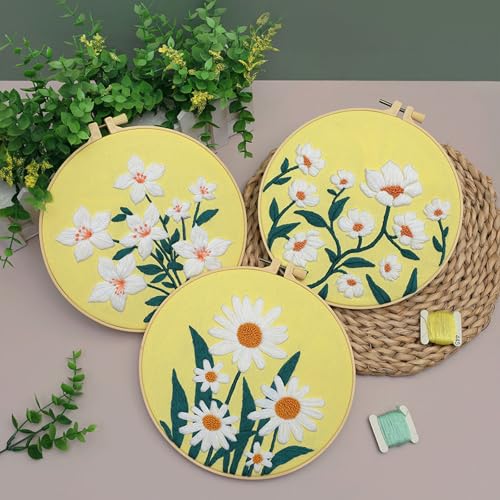 Louise Maelys 3 Pack Floral Embroidery Kit for Beginners with Supplies - color: 3 florals