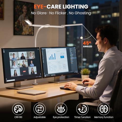 LED Desk Lamp for Office Home, 3 Light Bar Adjustable Desk Light with Clamp - color: White