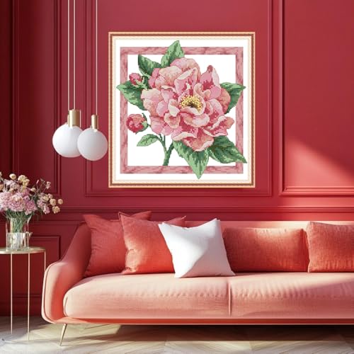 Stamped Cross Stitch Kits - Colorful Printed Cross Stitch Kits for Adults Beginners,Embroidery Kits Printed Stitching Patterns Needlepoint Art Crafts for Home Deco - Pink Flowers 12.9×13.2 in - color: 11CT:12.9×13.2 inch