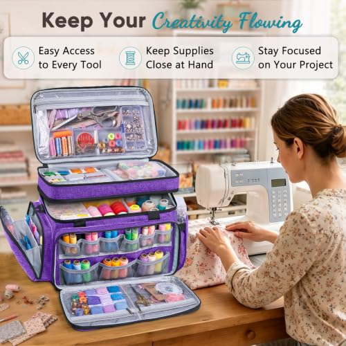 AMOIGEE Double Layer Sewing Organizer Bag with 2 Clear Storage Sewing Boxes - color: Purple
