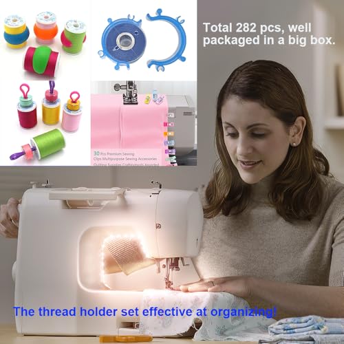 Doukey 282 PCS Sewing Supplies Thread Organizer Set Sewing Helpers, Include 100 Bobbin Thread Holders, 100 Sewing Bobbin Holder Clips, 32 Silicone Bobbin Holders Spool Huggers, 50 Sewing Clips