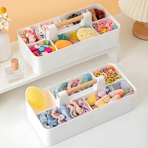 Acshio 2 Pack Plastic Portable Caddy with Handle, Stackable Art Office Supplies Storage Organizer with 5 Compartments, Multiuse Divided Craft Basket Bin Stationery Pen Holder for Home, Shower