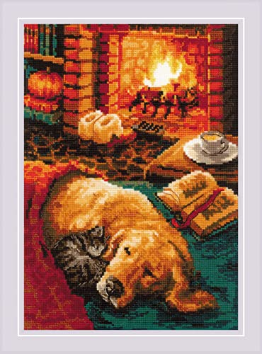 RIOLIS - By The Fireplace 2004, Dogs Cross Stitch Kits 8¼"x11¾, Counted Cross Stitch Kits, Counted Cross Stitch Kits for Beginners & Advanced, Cross Stitching Kits for Adults, Dog Embroidery Kit