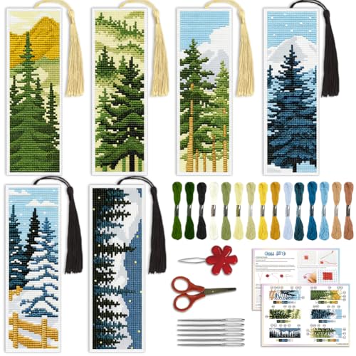 ACRNIGHEET 6PCS Cross Stitch Bookmark Kit for Beginner Pine Stamped Cross Stitch Kits Needlepoint Kit for Adults DIY Tassel Embroidery Bookmark Kits with Instructions Craft Gift 8.5"x3" 11CT - style: Pine Tree Patterns
