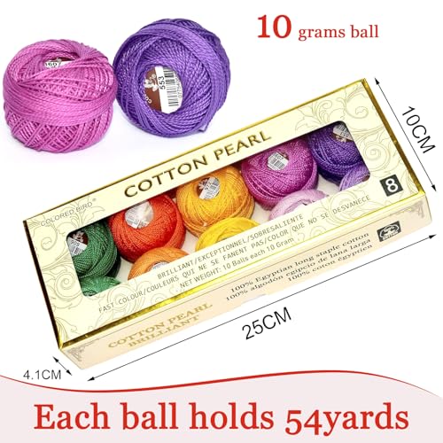 Double Mercerized Egyptian Long Staple Cotton Pearl Thread Ball 10 Grams Rainbow Color Embroidery Thread 10 Colors per Box for Crochet Hardanger Cross Stitch Hand Embroidery,Rainbow Light Color - color: red&green