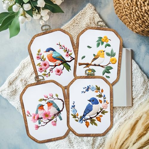 ORIGACH 4 Set Hummingbird & Flower DIY Embroidery Kit for Beginners Adults - style: Hummingbird and Flower