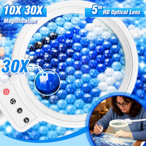 30X 10X Large Magnifying Glass with Light and Stand,LED Magnifier Desk Lamp - color: White