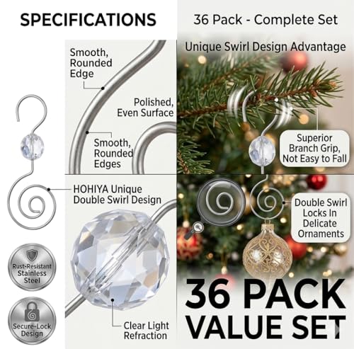 HOHIYA 36 Pack Silver Ornament Hooks Crystal Accent Tree Hangers