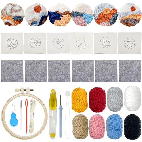 Allazone 6 PCS Punch Needle Coaster Kit with Landscape Patterns Yarns Tools, Felt Embroidery Hoop for DIY Craft - color: Landscape coaster