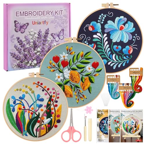Uniartfy 3 Pack Embroidery Starter Kit for Beginners, Stamped Cross Stitch Kits for Adults with Flowers Plants and Fruits Patterns with 1 Embroidery Hoop and Color Threads, Handmade Needlepoint Kits - color: Embroidery Kit-J